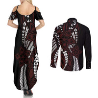 Polynesian Plumeria Floral Tattoo Pattern Couples Matching Summer Maxi Dress and Long Sleeve Button Shirt Oxblood Style LT9 - Polynesian Pride