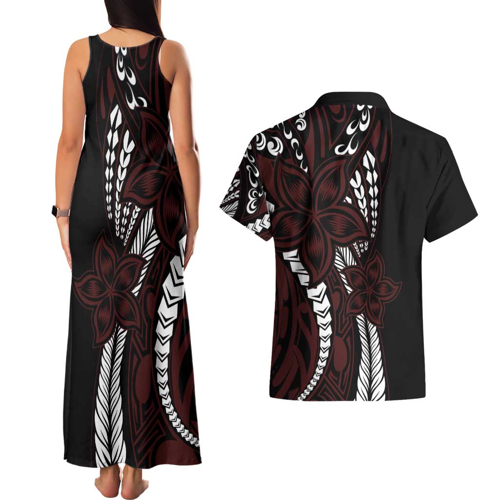 Polynesian Plumeria Floral Tattoo Pattern Couples Matching Tank Maxi Dress and Hawaiian Shirt Oxblood Style LT9 - Polynesian Pride