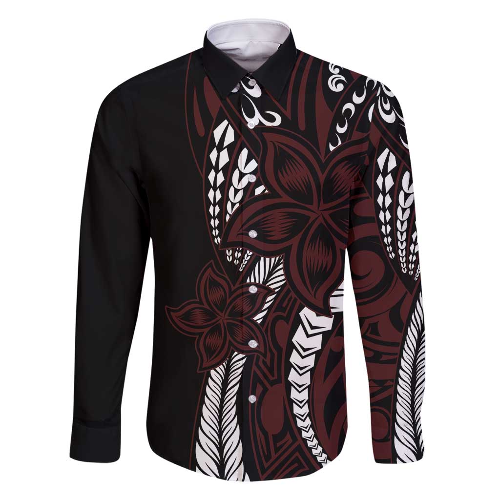 Polynesian Plumeria Floral Tattoo Pattern Family Matching Long Sleeve Bodycon Dress and Hawaiian Shirt Oxblood Style