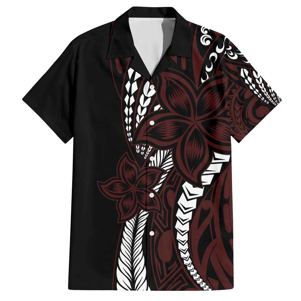 Polynesian Plumeria Floral Tattoo Pattern Family Matching Off The Shoulder Long Sleeve Dress and Hawaiian Shirt Oxblood Style