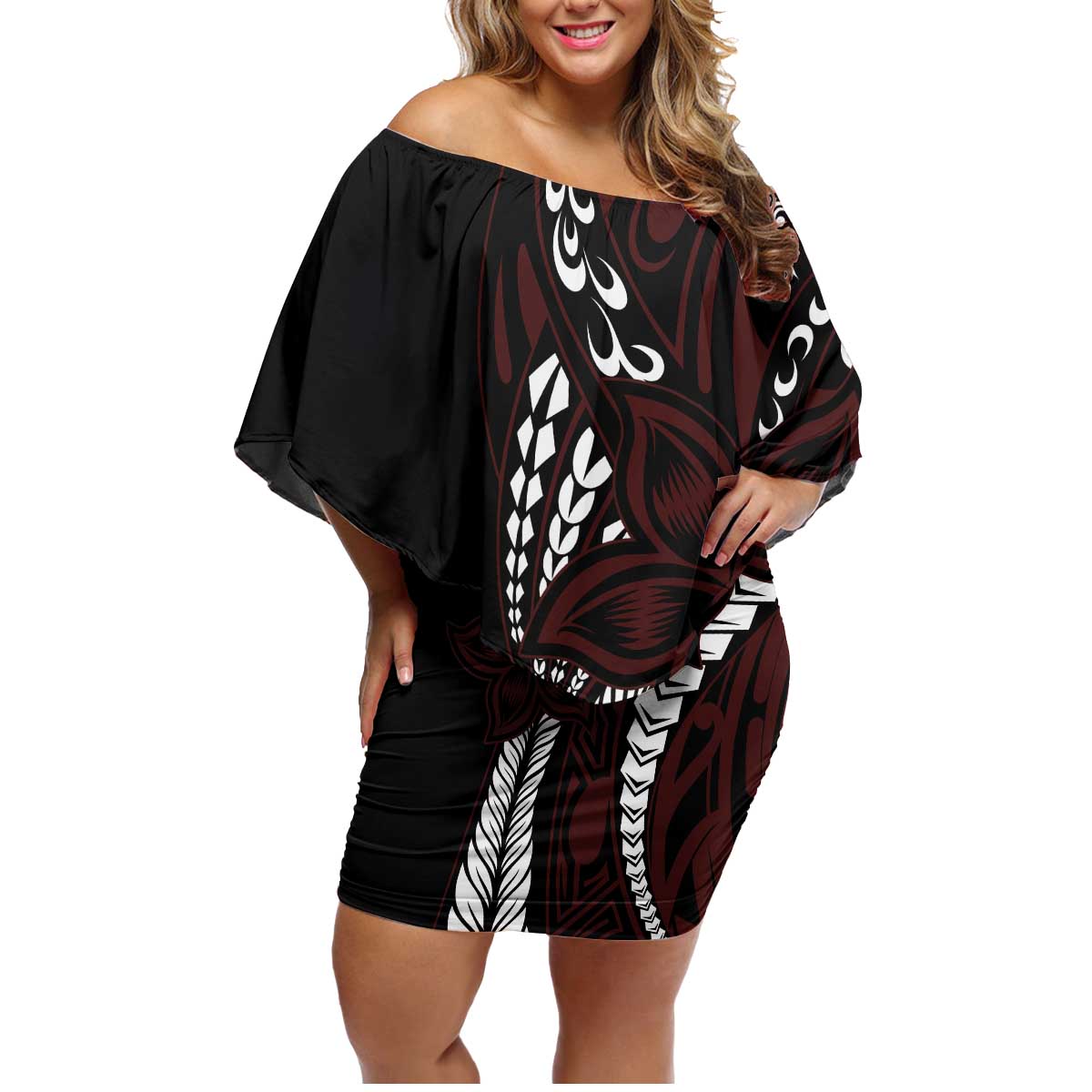 Polynesian Plumeria Floral Tattoo Pattern Family Matching Off Shoulder Short Dress and Hawaiian Shirt Oxblood Style