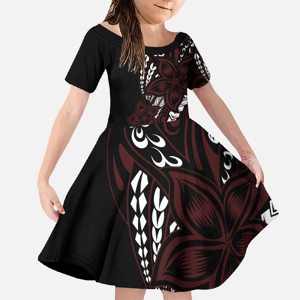 Polynesian Plumeria Floral Tattoo Pattern Family Matching Short Sleeve Bodycon Dress and Hawaiian Shirt Oxblood Style LT9 Daughter's Dress Oxblood - Polynesian Pride