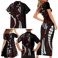 Polynesian Plumeria Floral Tattoo Pattern Family Matching Short Sleeve Bodycon Dress and Hawaiian Shirt Oxblood Style LT9 - Polynesian Pride