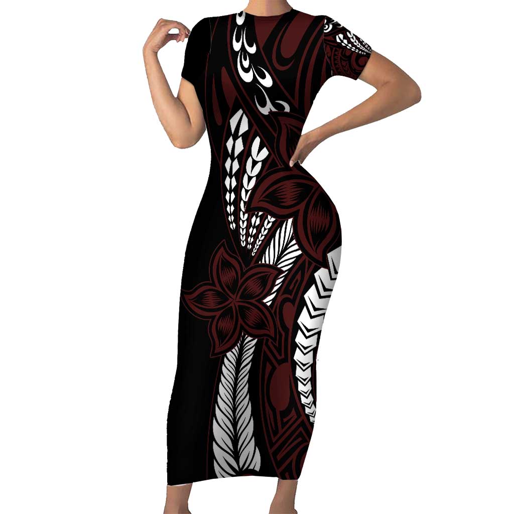 Polynesian Plumeria Floral Tattoo Pattern Family Matching Short Sleeve Bodycon Dress and Hawaiian Shirt Oxblood Style LT9 Mom's Dress Oxblood - Polynesian Pride