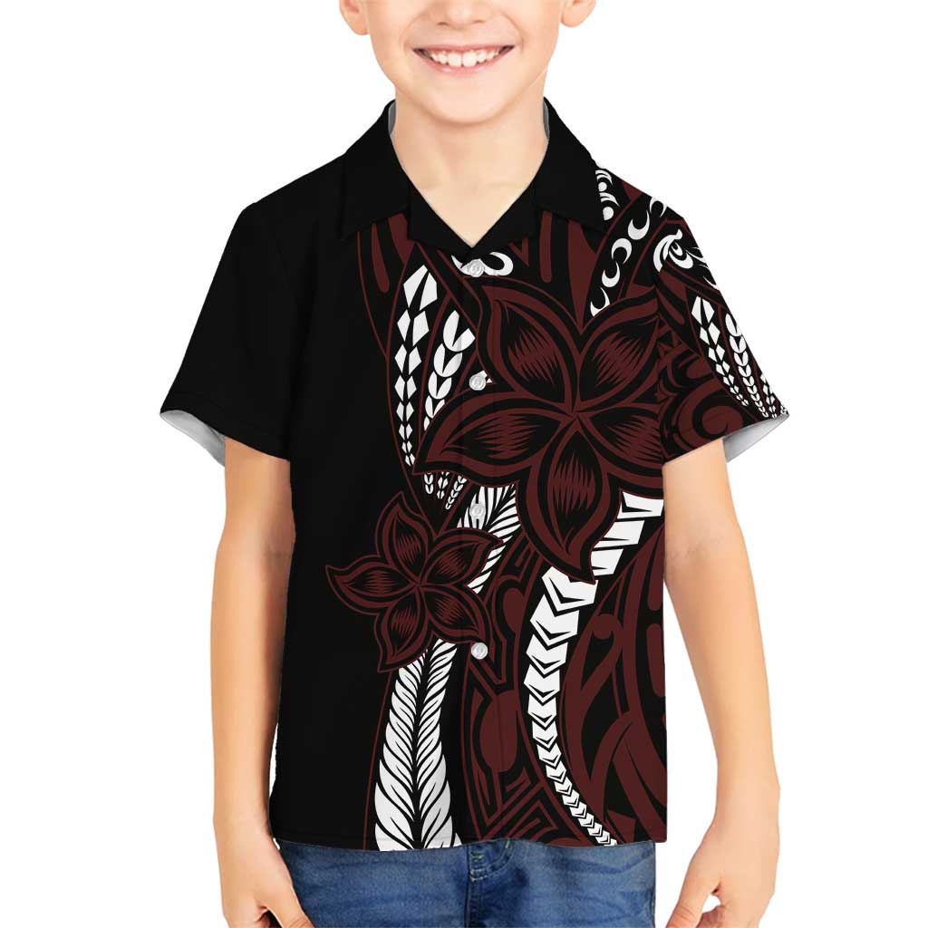 Polynesian Plumeria Floral Tattoo Pattern Family Matching Summer Maxi Dress and Hawaiian Shirt Oxblood Style