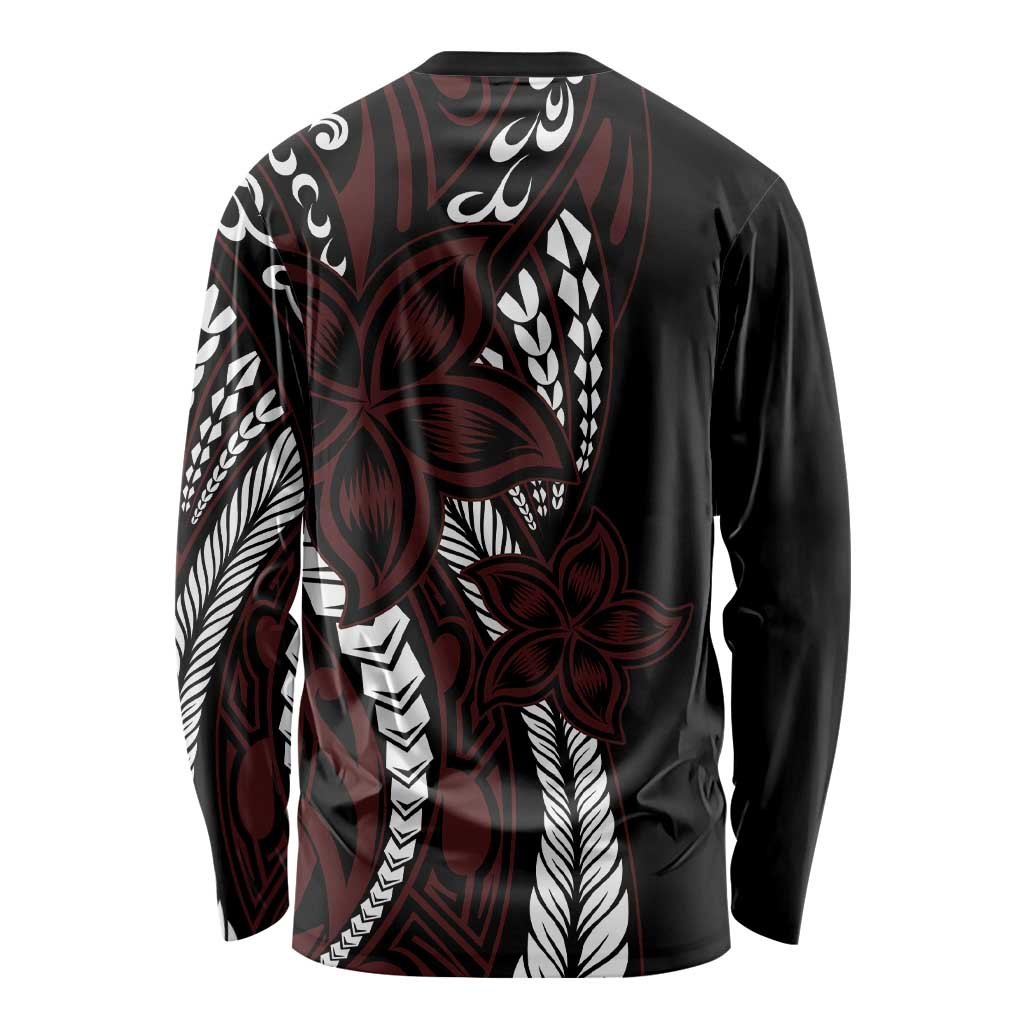 Polynesian Plumeria Floral Tattoo Pattern Long Sleeve Shirt Oxblood Style