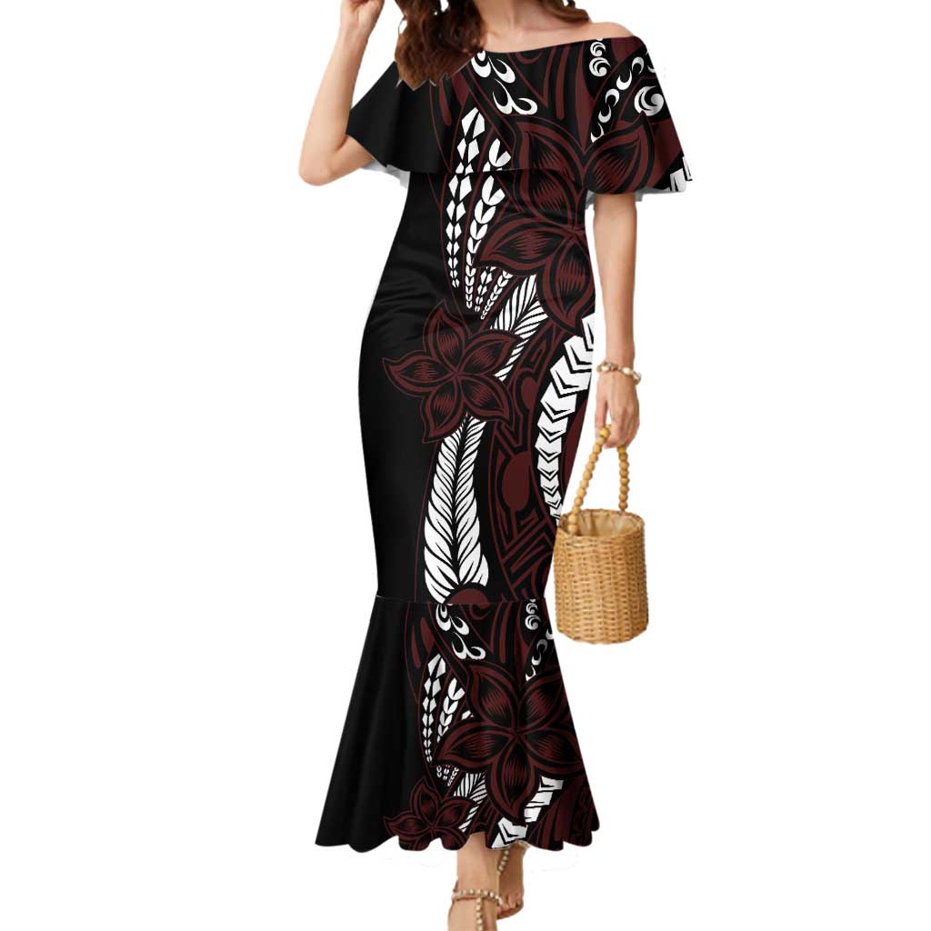 Polynesian Plumeria Floral Tattoo Pattern Mermaid Dress Oxblood Style