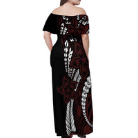 Polynesian Plumeria Floral Tattoo Pattern Off Shoulder Maxi Dress Oxblood Style