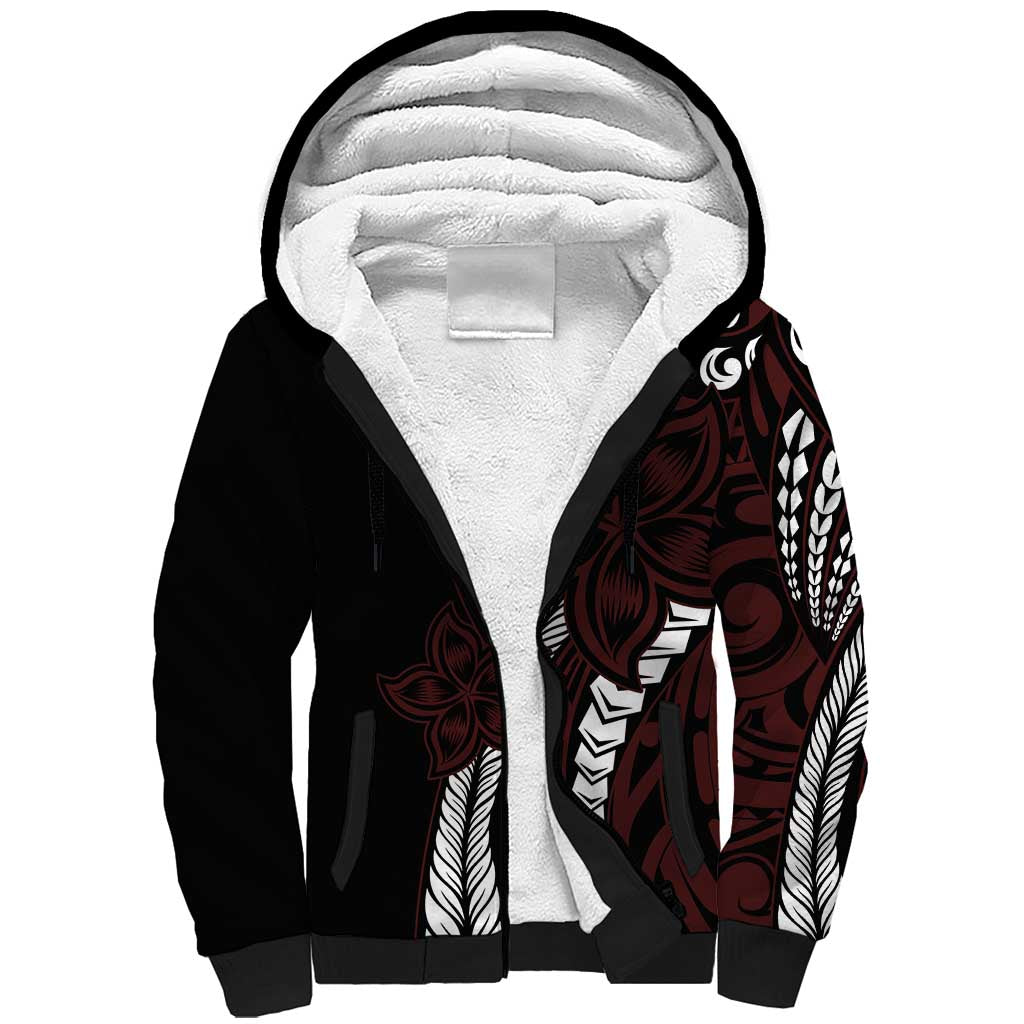 Polynesian Plumeria Floral Tattoo Pattern Sherpa Hoodie Oxblood Style