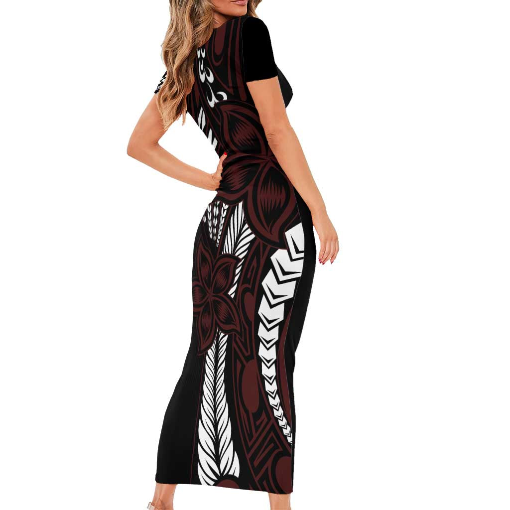 Polynesian Plumeria Floral Tattoo Pattern Short Sleeve Bodycon Dress Oxblood Style