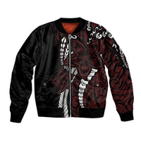 Polynesian Plumeria Floral Tattoo Pattern Sleeve Zip Bomber Jacket Oxblood Style