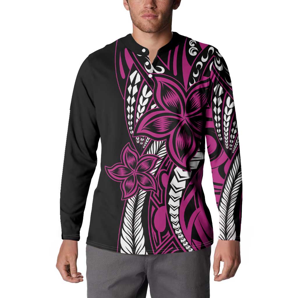 Polynesian Plumeria Floral Tattoo Pattern Button Sweatshirt Pink Style