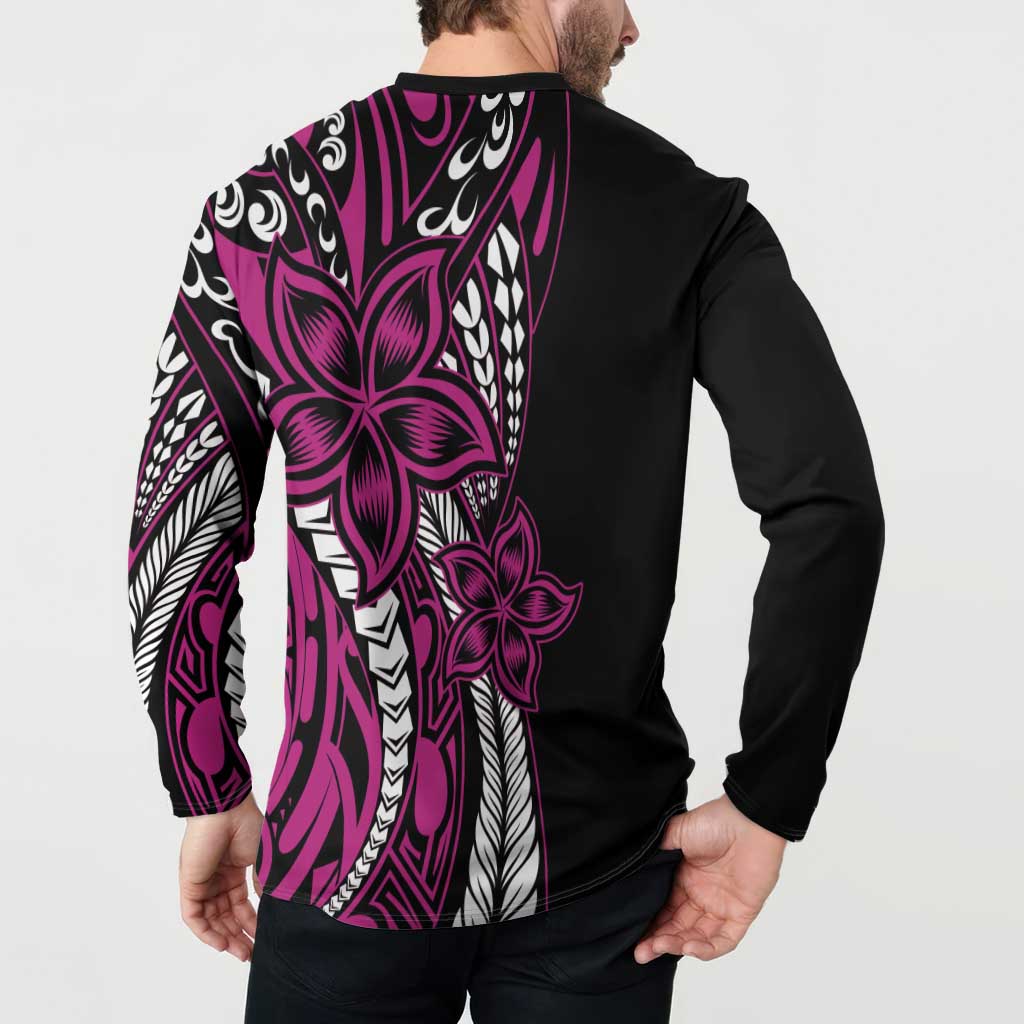 Polynesian Plumeria Floral Tattoo Pattern Button Sweatshirt Pink Style