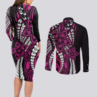 Polynesian Plumeria Floral Tattoo Pattern Couples Matching Long Sleeve Bodycon Dress and Long Sleeve Button Shirt Pink Style LT9 - Polynesian Pride