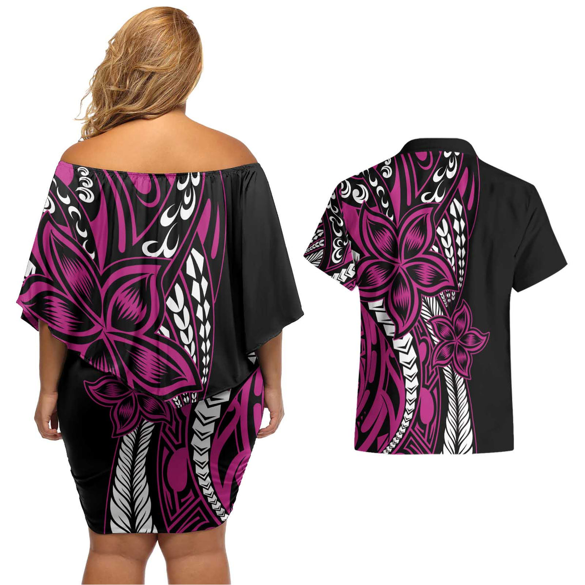 Polynesian Plumeria Floral Tattoo Pattern Couples Matching Off Shoulder Short Dress and Hawaiian Shirt Pink Style LT9 - Polynesian Pride