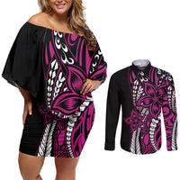 Polynesian Plumeria Floral Tattoo Pattern Couples Matching Off Shoulder Short Dress and Long Sleeve Button Shirt Pink Style