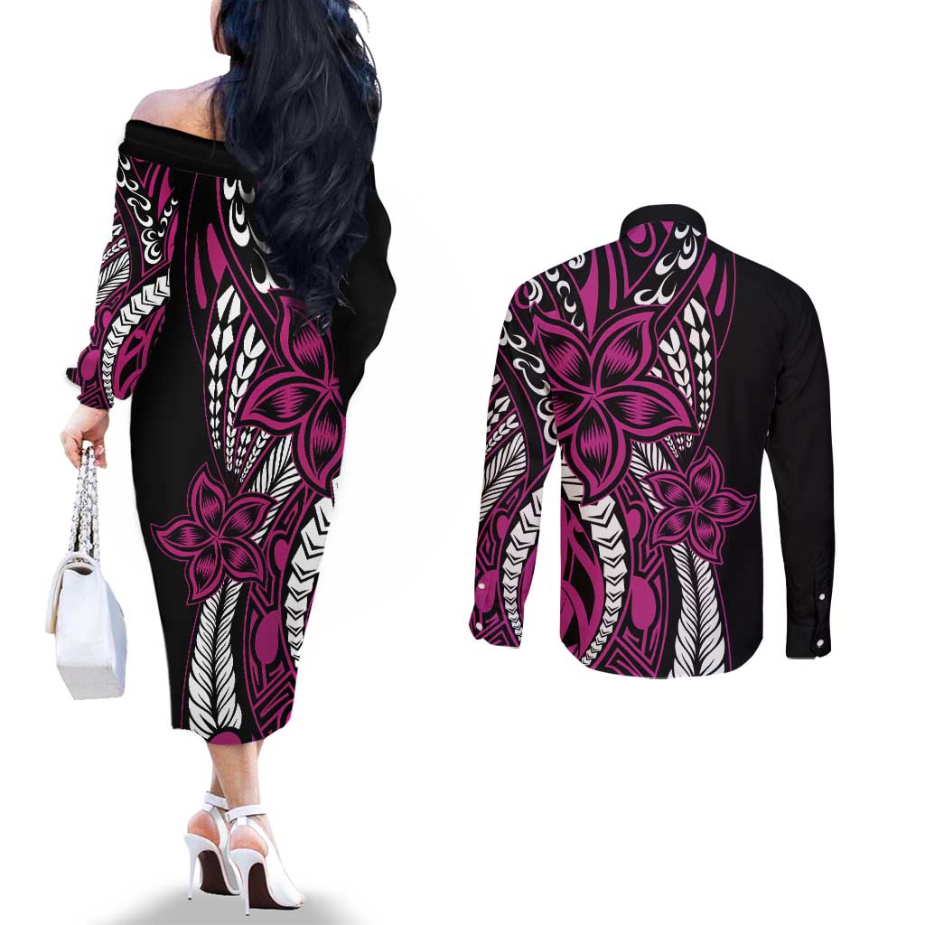 Polynesian Plumeria Floral Tattoo Pattern Couples Matching Off The Shoulder Long Sleeve Dress and Long Sleeve Button Shirt Pink Style