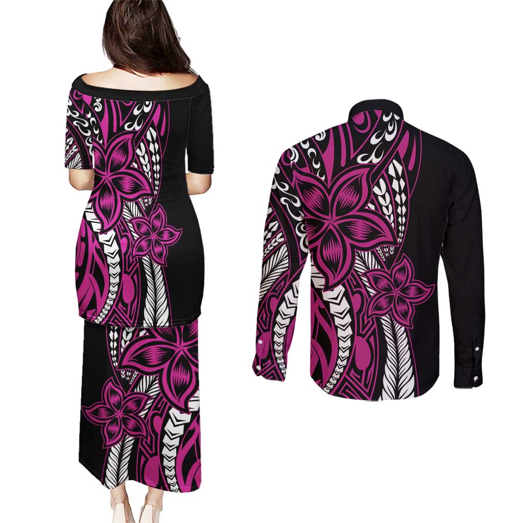 Polynesian Plumeria Floral Tattoo Pattern Couples Matching Puletasi and Long Sleeve Button Shirt Pink Style