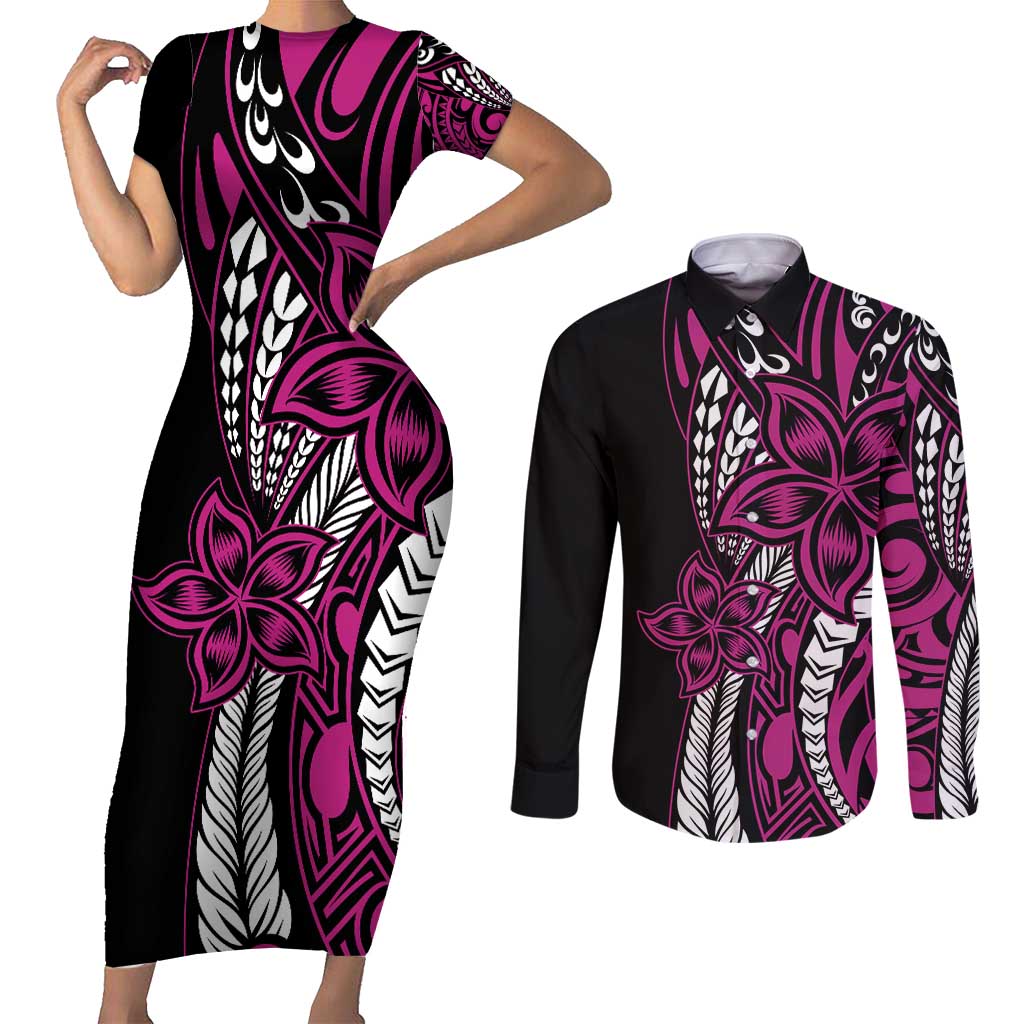 Polynesian Plumeria Floral Tattoo Pattern Couples Matching Short Sleeve Bodycon Dress and Long Sleeve Button Shirt Pink Style LT9 Pink - Polynesian Pride