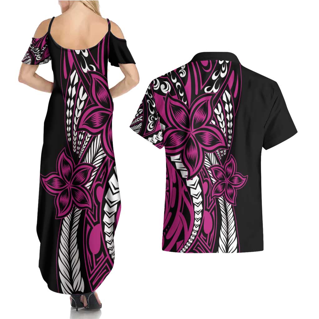 Polynesian Plumeria Floral Tattoo Pattern Couples Matching Summer Maxi Dress and Hawaiian Shirt Pink Style LT9 - Polynesian Pride
