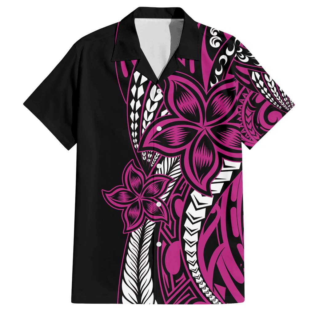 Polynesian Plumeria Floral Tattoo Pattern Family Matching Long Sleeve Bodycon Dress and Hawaiian Shirt Pink Style