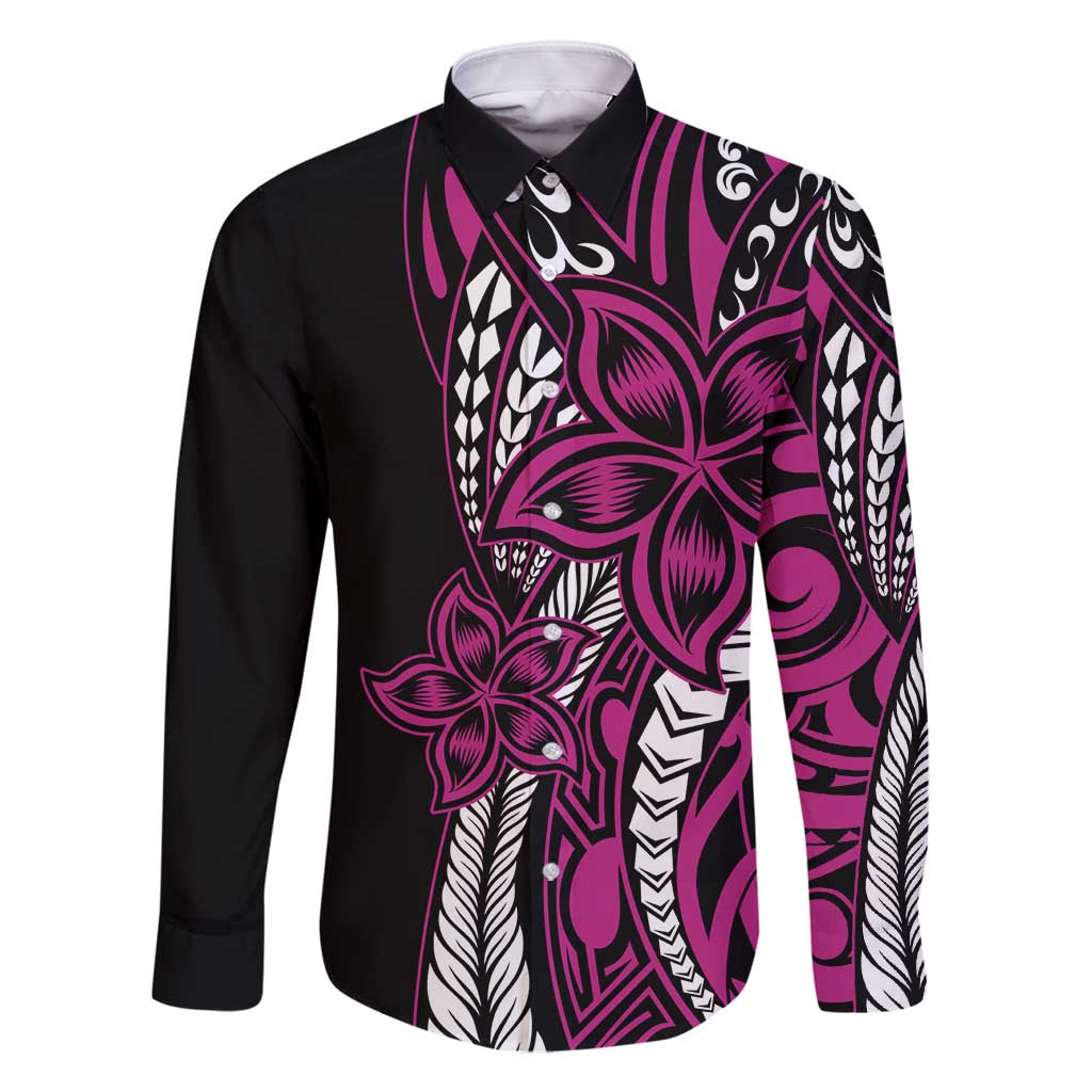 Polynesian Plumeria Floral Tattoo Pattern Family Matching Long Sleeve Bodycon Dress and Hawaiian Shirt Pink Style