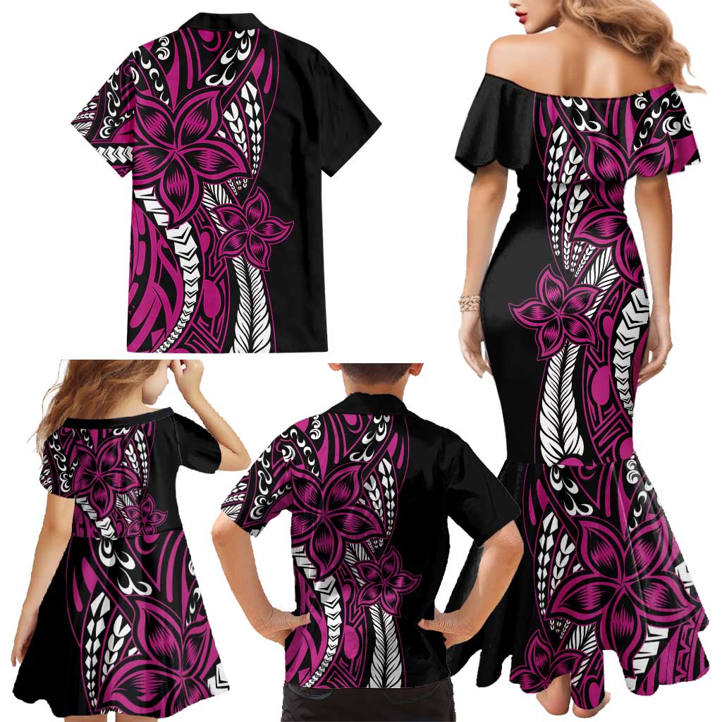 Polynesian Plumeria Floral Tattoo Pattern Family Matching Mermaid Dress and Hawaiian Shirt Pink Style
