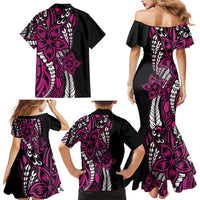 Polynesian Plumeria Floral Tattoo Pattern Family Matching Mermaid Dress and Hawaiian Shirt Pink Style
