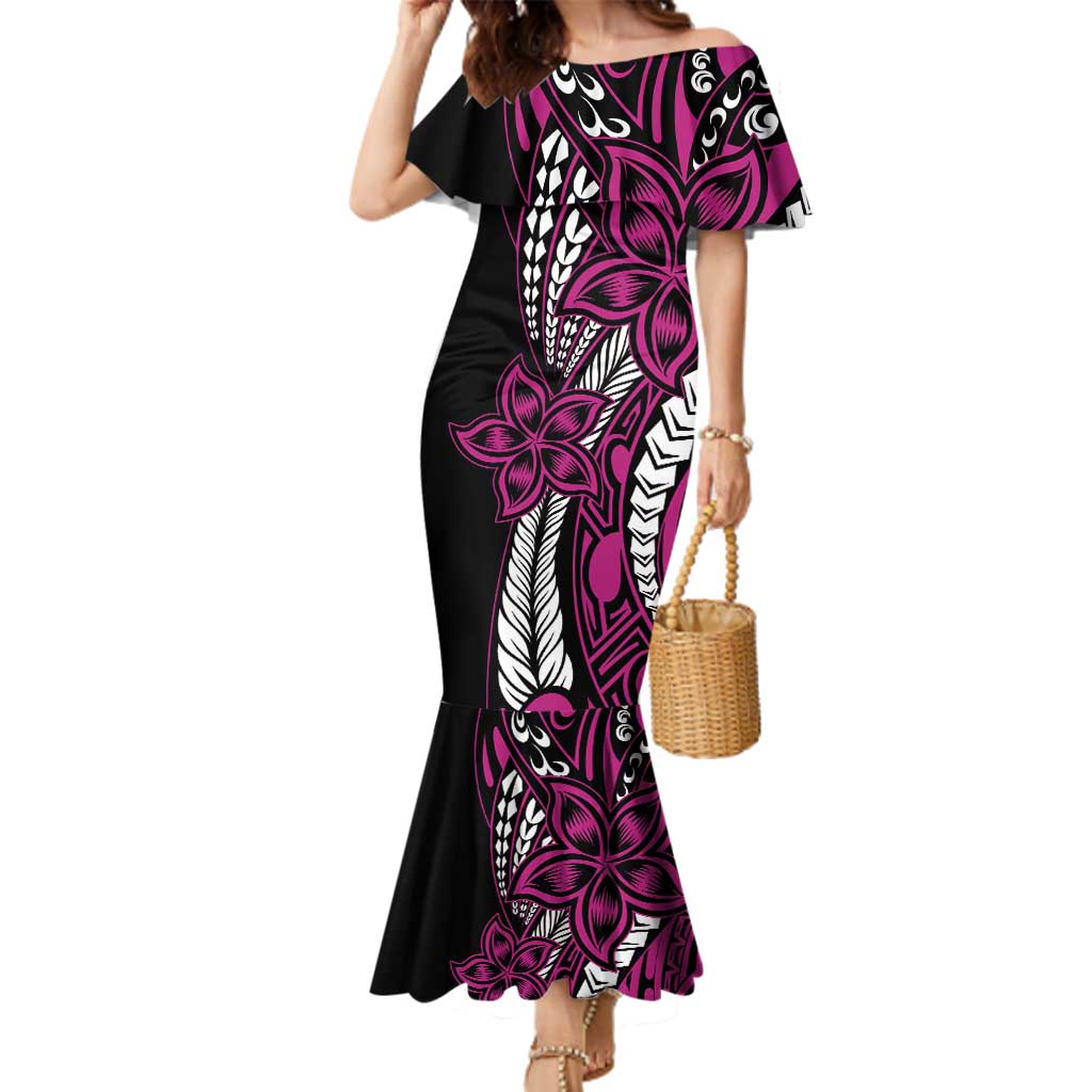 Polynesian Plumeria Floral Tattoo Pattern Family Matching Mermaid Dress and Hawaiian Shirt Pink Style
