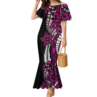 Polynesian Plumeria Floral Tattoo Pattern Family Matching Mermaid Dress and Hawaiian Shirt Pink Style
