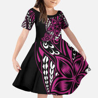 Polynesian Plumeria Floral Tattoo Pattern Family Matching Off Shoulder Maxi Dress and Hawaiian Shirt Pink Style LT9 Daughter's Dress Pink - Polynesian Pride