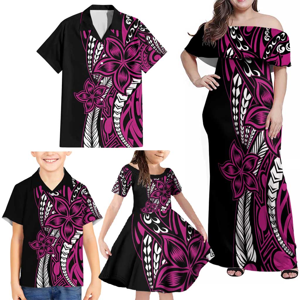 Polynesian Plumeria Floral Tattoo Pattern Family Matching Off Shoulder Maxi Dress and Hawaiian Shirt Pink Style LT9 - Polynesian Pride