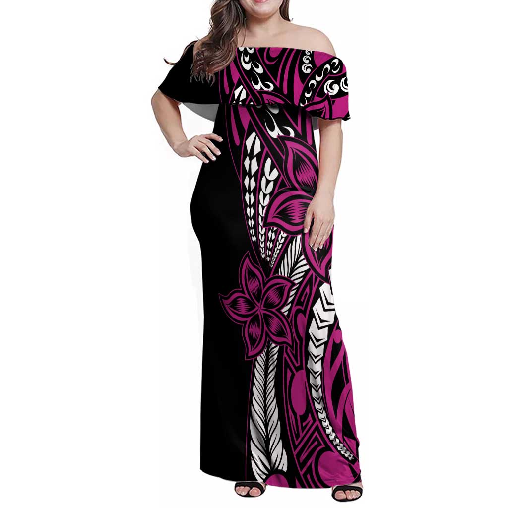 Polynesian Plumeria Floral Tattoo Pattern Family Matching Off Shoulder Maxi Dress and Hawaiian Shirt Pink Style LT9 Mom's Dress Pink - Polynesian Pride