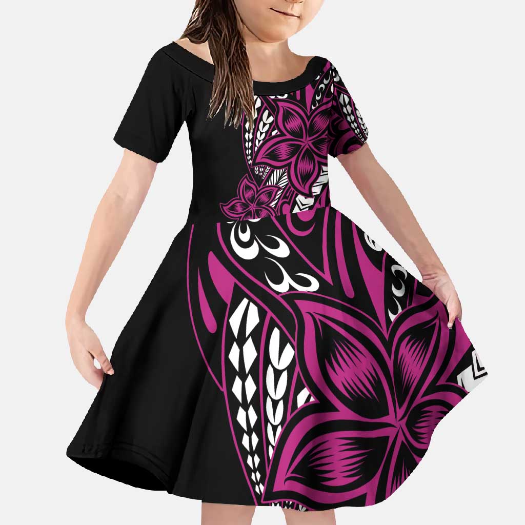 Polynesian Plumeria Floral Tattoo Pattern Family Matching Summer Maxi Dress and Hawaiian Shirt Pink Style LT9 Daughter's Dress Pink - Polynesian Pride