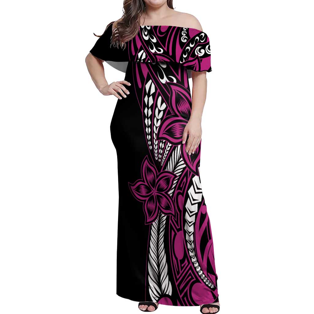 Polynesian Plumeria Floral Tattoo Pattern Off Shoulder Maxi Dress Pink Style LT9 Women Pink - Polynesian Pride