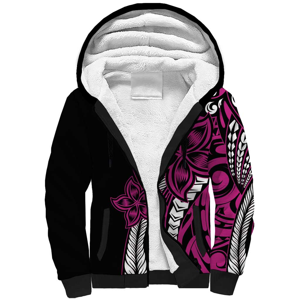 Polynesian Plumeria Floral Tattoo Pattern Sherpa Hoodie Pink Style