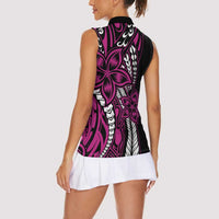 Polynesian Plumeria Floral Tattoo Pattern Women Sleeveless Polo Shirt Pink Style