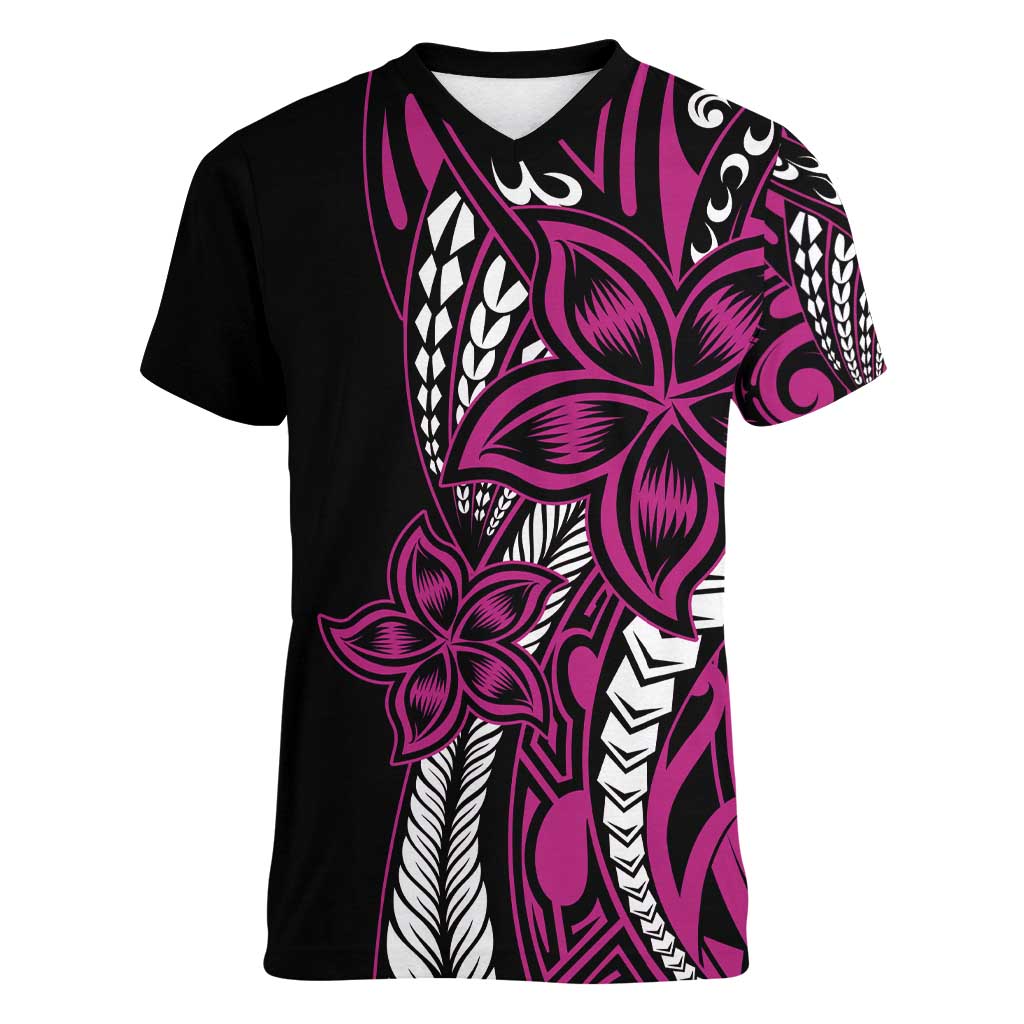 Polynesian Plumeria Floral Tattoo Pattern Women V-Neck T-Shirt Pink Style LT9 Female Pink - Polynesian Pride