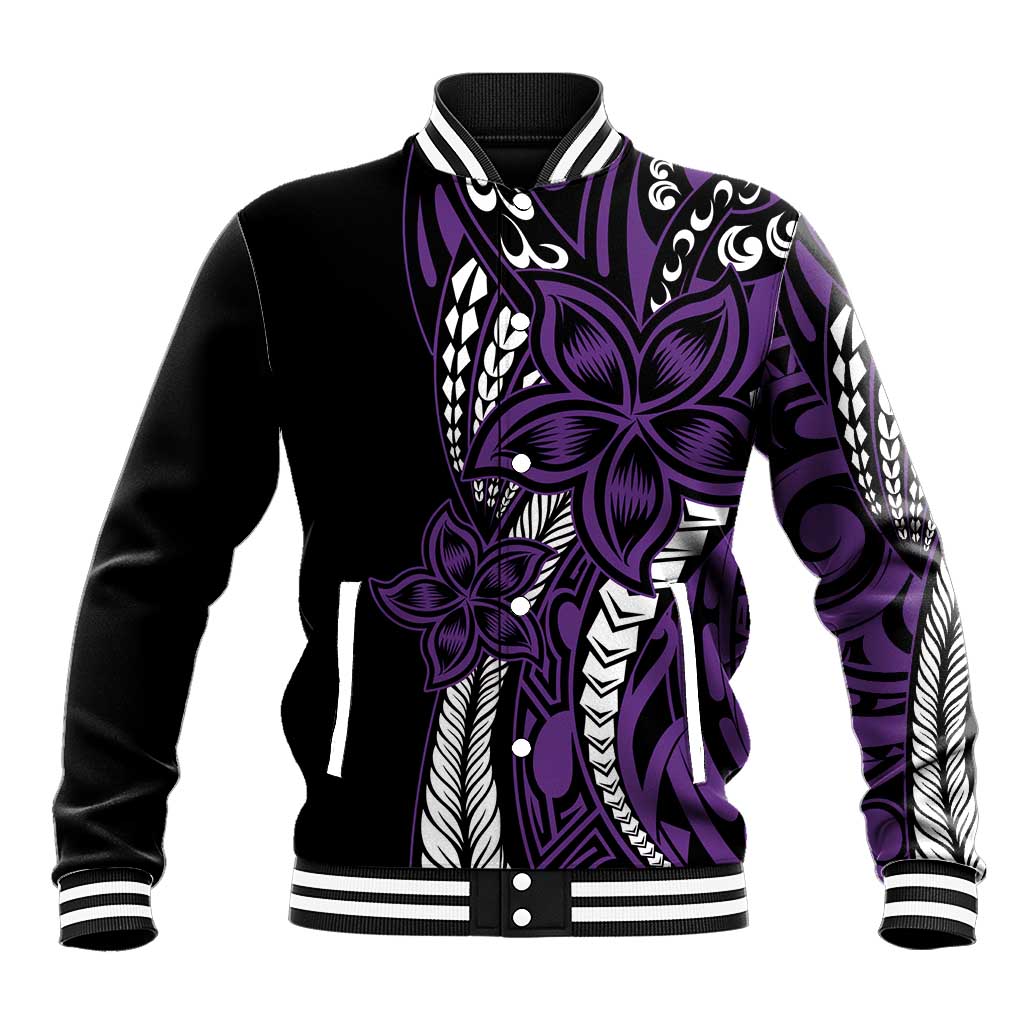 Polynesian Plumeria Floral Tattoo Pattern Baseball Jacket Purple Style