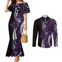 Polynesian Plumeria Floral Tattoo Pattern Couples Matching Mermaid Dress and Long Sleeve Button Shirt Purple Style LT9 Purple - Polynesian Pride