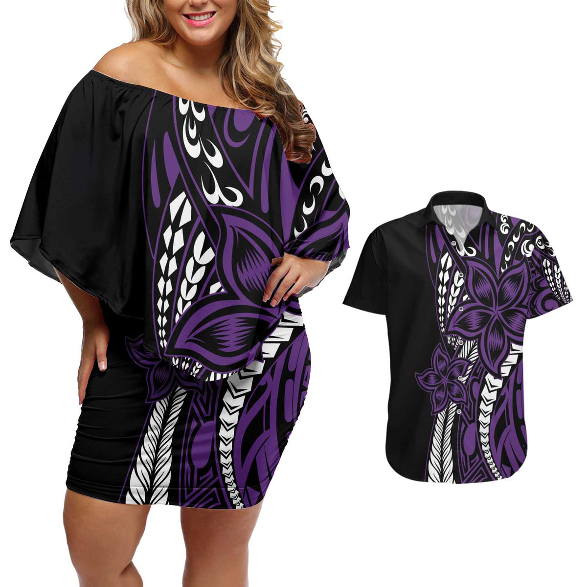Polynesian Plumeria Floral Tattoo Pattern Couples Matching Off Shoulder Short Dress and Hawaiian Shirt Purple Style LT9 Purple - Polynesian Pride