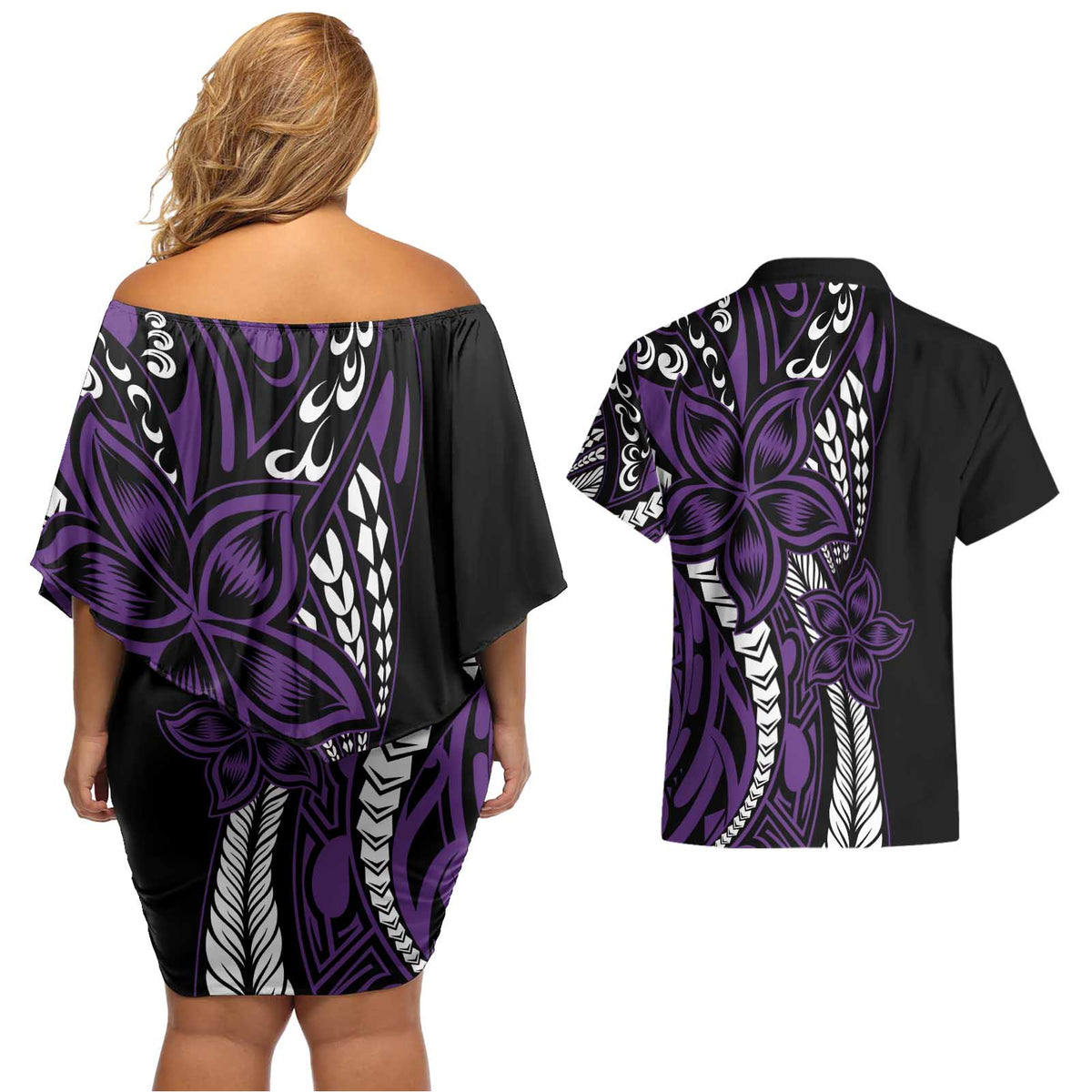Polynesian Plumeria Floral Tattoo Pattern Couples Matching Off Shoulder Short Dress and Hawaiian Shirt Purple Style LT9 - Polynesian Pride