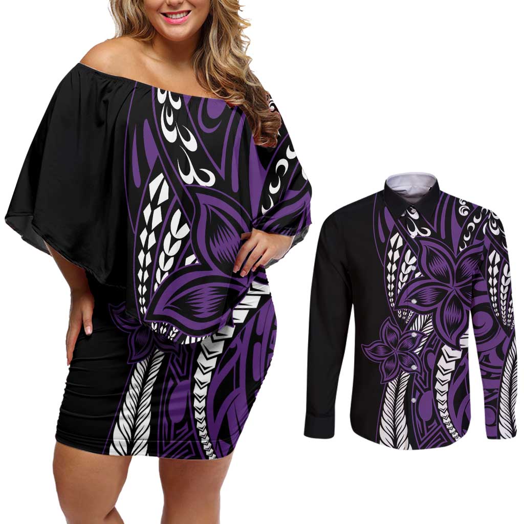 Polynesian Plumeria Floral Tattoo Pattern Couples Matching Off Shoulder Short Dress and Long Sleeve Button Shirt Purple Style LT9 Purple - Polynesian Pride