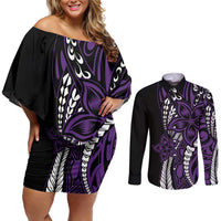 Polynesian Plumeria Floral Tattoo Pattern Couples Matching Off Shoulder Short Dress and Long Sleeve Button Shirt Purple Style LT9 Purple - Polynesian Pride