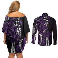 Polynesian Plumeria Floral Tattoo Pattern Couples Matching Off Shoulder Short Dress and Long Sleeve Button Shirt Purple Style LT9 - Polynesian Pride