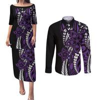 Polynesian Plumeria Floral Tattoo Pattern Couples Matching Puletasi and Long Sleeve Button Shirt Purple Style