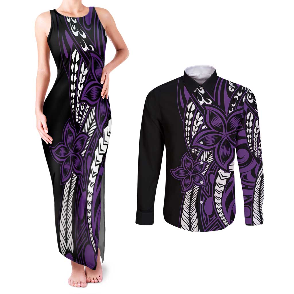 Polynesian Plumeria Floral Tattoo Pattern Couples Matching Tank Maxi Dress and Long Sleeve Button Shirt Purple Style LT9 Purple - Polynesian Pride