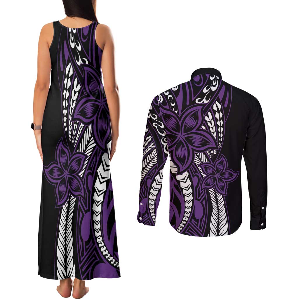 Polynesian Plumeria Floral Tattoo Pattern Couples Matching Tank Maxi Dress and Long Sleeve Button Shirt Purple Style LT9 - Polynesian Pride