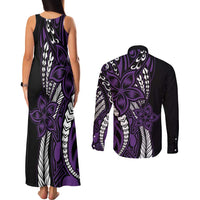 Polynesian Plumeria Floral Tattoo Pattern Couples Matching Tank Maxi Dress and Long Sleeve Button Shirt Purple Style LT9 - Polynesian Pride