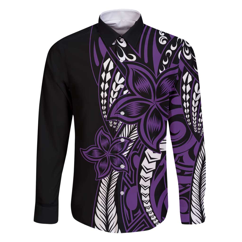 Polynesian Plumeria Floral Tattoo Pattern Family Matching Long Sleeve Bodycon Dress and Hawaiian Shirt Purple Style